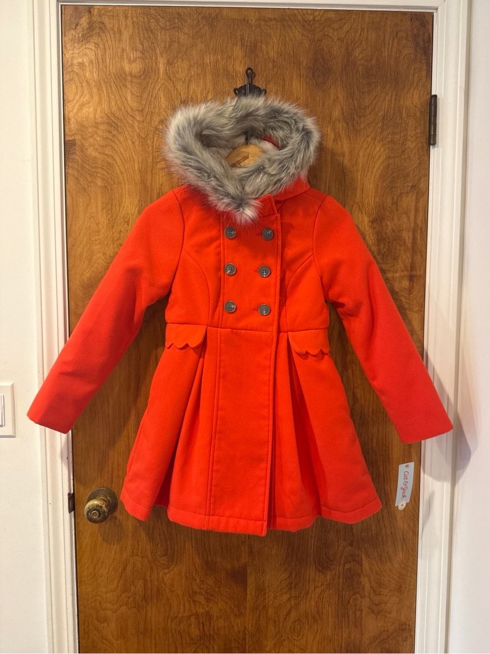 Cat & Jack Bright Red Double-Breasted Peacoat with Faux Fur Hood - NWT/ M (7/8)